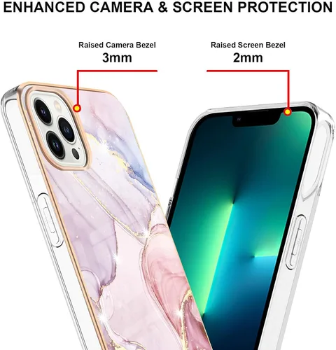 Vista 4 de YBDD - Funda delgada para iPhone 14 Pro Max, diseño de mármol brillante IMD para niñas, lente de cámara y cubierta protectora de pantalla