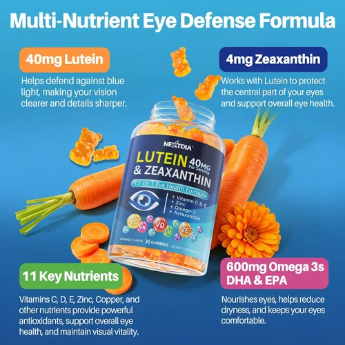 Vista 4 de Suplemento de luteína y zeaxantina, gomitas para la salud ocular, fórmula basada en AREDS2, Omega-3, zinc, enfoque cerebral y aprendizaje, apoyo