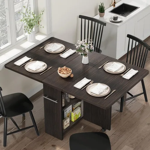 Vista 4 de IDEALHOUSE Mesa Plegable, Mesa de Comedor de Hoja Abatible con 6 Ruedas y Estante de Almacenamiento de 2 Niveles, Mesa de Ahorro de Espacio