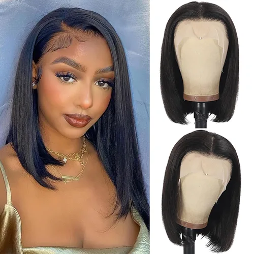 Vista 12 de Peluca Bob de 10 Pulgadas de Cabello Humano, Pelucas Frontales de Encaje HD 13x4 de Cabello Humano Pre-Desplumadas, Peluca Bob Corta, Pelucas