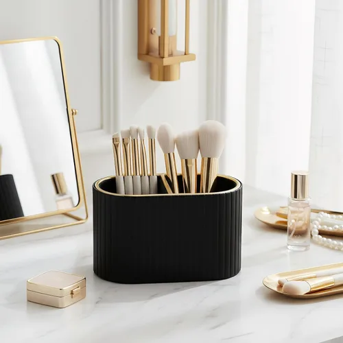 Vista 3 de KINGFOM Organizador de brochas de maquillaje con divisor, soporte de piel sintética para encimera de baño y tocador, organizador de almacenamiento