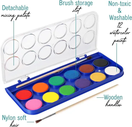 Vista 2 de Juego de 2 pinturas de acuarela, 12 colores vivos, incluye paleta de mezcla de acuarela y 2 pinceles, perfecto para artistas, pintores