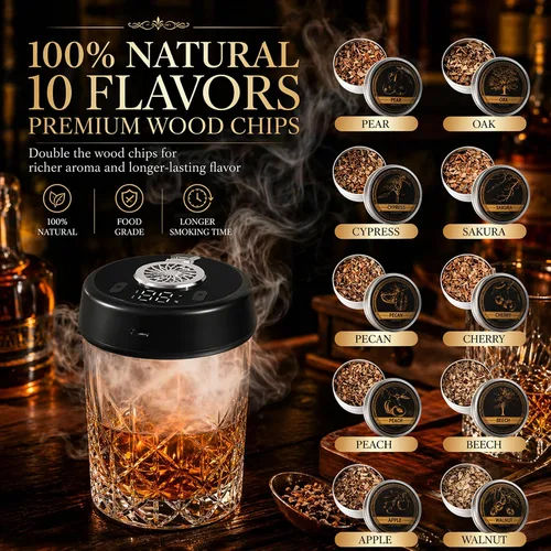 Vista 5 de Kit de ahumador de whisky eléctrico, ahumador de cóctel recargable sin antorcha con 7 luces de color, ahumador de bebidas portátil con 10 chips