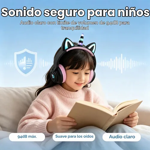 Vista 4 de Auriculares de unicornio para niñas, auriculares Bluetooth de unicornio para niños pequeños, portátil, teléfonos celulares, uso en avión Negro