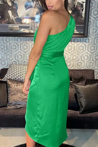 Vista 4 de PRETTYGARDEN - Vestido bodycon fruncido para mujer, corte asimétrico, sin mangas, un solo hombro, de satén, con cinturón, vestido de cóctel