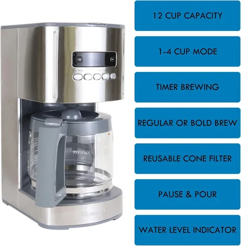 Vista 3 de Kenmore Cafetera de Goteo – Máquina de Café Programable con Jarra de Vidrio, Preparación Regular y Fuerte, Apagado Automático, Depósito de Agua