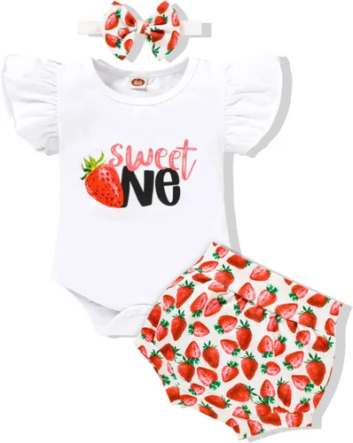 Vista 7 de Conjunto de ropa para bebé niña de 1er cumpleaños con mangas con volantes + pantalones cortos estampados + diadema para tartas