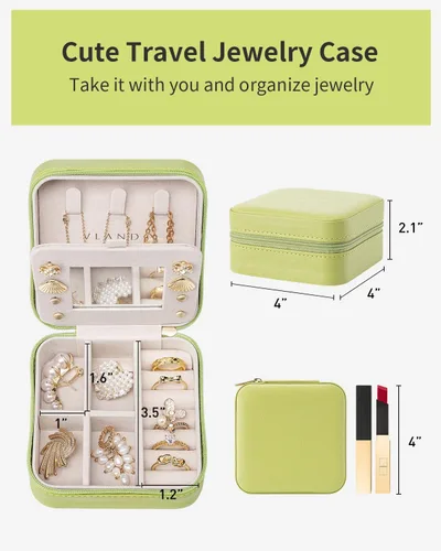 Vista 4 de Vlando Pequeño organizador de joyero de viaje Anillo de regalo para mujer, aretes, collares, vitrina de almacenamiento para niñas, color verde