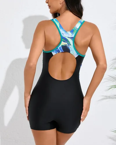 Vista 78 de beautyin - Traje de baño para mujer, traje de baño aeróbico y de competición de una pieza, estilo pantalón corto