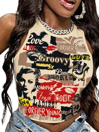 Vista 5 de SOLY HUX Camiseta sin mangas Y2k Vintage Graphic para mujer Gráfico beige.
