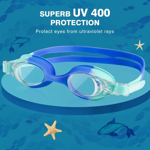 Vista 2 de Paquete de 2 gafas de natación para niños pequeños de 6 a 14 (8 a 12), protección UV antivaho sin fugas, gafas de natación para niños y niñas