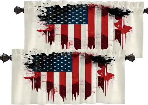Vista 19 de Batmerry American Flag Ink Dot Blackout Tier Curtains, Red Blue White Stars Abstract Thermal Insulated Half Curtain Rod Pocket Small Valance for