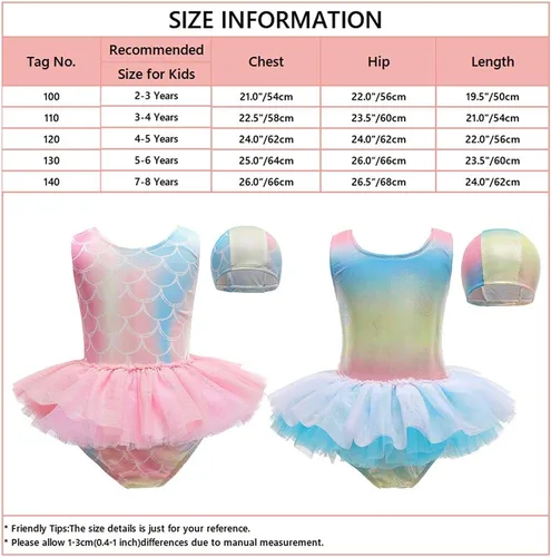 Vista 7 de HIHCBF Traje de baño de una pieza para niñas con volantes Tutú con gorra de sirena y escala, ropa de playa