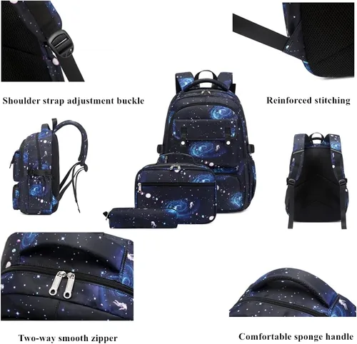 Vista 5 de Mildame Galaxy Backpack for Boys with Lunch Box Set, 3Pcs Boys Bookbag for Elementary, 3 in 1 Teens Space Printed School Bag
