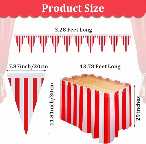 Vista 3 de Tegeme Paquete de 15 faldas de mesa de carnaval a rayas rojas y blancas, 165 x 30 pulgadas, manteles desechables de carnaval con banderines a rayas
