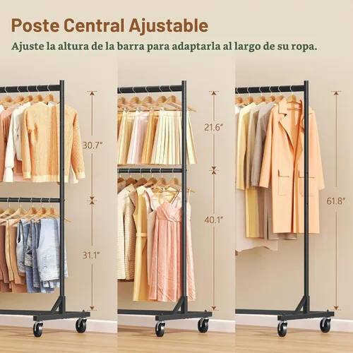 Vista 7 de Hoctieon Estante de doble barra Z, estantes de ropa rodantes con base en Z, perchero ajustable para ropa, perchero de pie para ropa de pie, perchero