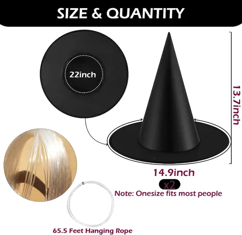 Vista 6 de Paquete de 2 sombreros de bruja negros para niños y adultos, sombrero de bruja con rop colgante para decoraciones de fiesta de Halloween