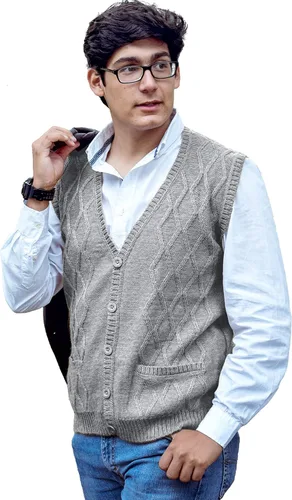 Vista 8 de TINKUY Chaleco peruano de lana de alpaca con cuello en V para hombre, S-4XL Negro