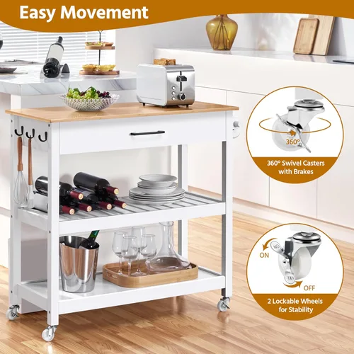 Vista 6 de Yaheetech Carrito de isla de cocina con ruedas con mesa de bambú, carrito de microondas de 3 niveles con cajón para isla de cocina, toalla