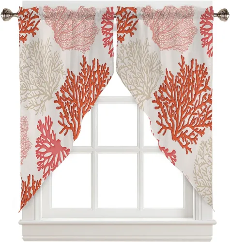 Vista 41 de Cenefa de amarre para ventanas, cortinas náuticas costeras de coral, cenefas con bolsillo para barra, cortinas de ventana con temática de playa