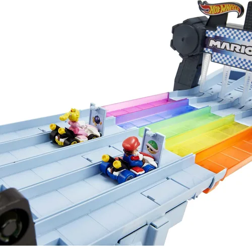 Vista 5 de Juego de pista de carreras Hot Wheels Mario Kart Rainbow Road de 8 pies con luces y sonidos y 2 vehículos a escala 1:64, carrera con curso colorido