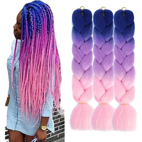 Vista 8 de Cabello trenzado de fibra sintética, tamaño jumbo, extensiones de cabello Kanekalon suave, color negro, (24 pulgadas, 3 piezas)