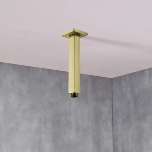 Vista 2 de Brazo de ducha de oro cepillado con brida de 6 pulgadas de acero inoxidable recto superior de lluvia cabezal de ducha de extensión de tubo cuadrado