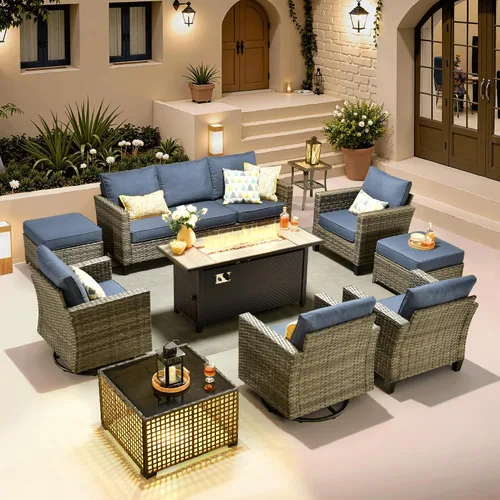 Vista 46 de ovios Juego de muebles de patio de 4 piezas con sofá de exterior, luces solares, mesa, cojines cómodos, sofá de conversación de mimbre de ratán