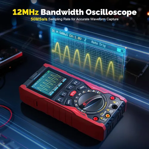 Vista 3 de Multímetro osciloscopio de mano 3 en 1 con generador de señal, ancho de banda de 12 MHz, multímetro osciloscopio digital portátil de 50 MS/s, rango
