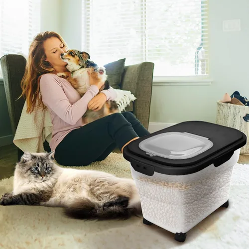 Vista 7 de Contenedor de comida para perros, contenedor plegable de almacenamiento de alimentos para mascotas de 17 a 20 libras con ruedas giratorias y tapa