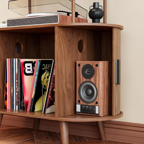 Vista 6 de Soporte Alto para Tocadiscos de Vinilo, Estantería de 4 Niveles con Puertas Corredizas, Gabinete Retro Pequeño para Almacenamiento de Discos