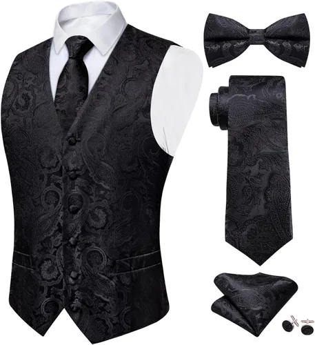 Vista 25 de DiBanGu Conjunto de 5 chalecos de seda con corbata y corbatín para hombre Paisley oro negro