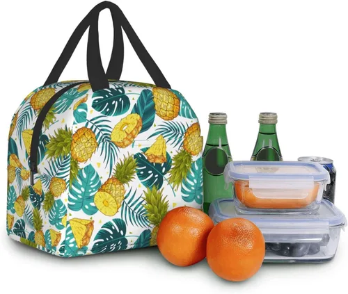 Vista 8 de Bolsa de almuerzo aislada Hmklpi con piñas, bolsillo frontal, reutilizable, con cierre de cremallera para hombres y mujeres