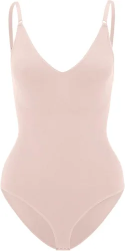 Vista 4 de Tanga moldeadora para mujer con control de abdomen con brasier integrado cuello en V profundo color beige