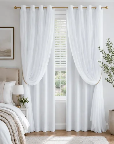 Vista 20 de Beige Blackout Curtains with White Sheer Overlay for Bedroom/Living Room