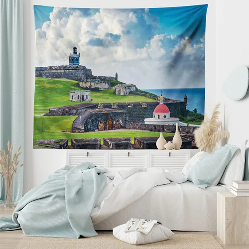 Vista 6 de Lunarable Tapiz de Puerto Rico, histórico Fort San Felipe del Morro, paisaje de América Central y Caribe, decoración de tela para colgar en la pared