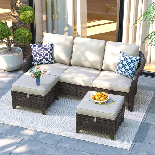Vista 36 de Sofá de patio al aire libre de 2 plazas con mimbre de PE tejido a mano Beige