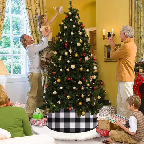 Vista 4 de FANPROMS Collar de árbol de Navidad en blanco y negro de 24 pulgadas, diseño de búfalo a cuadros, bordado de terciopelo, falda de árbol, decoración