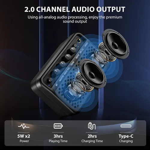 Vista 4 de POGOLAB Mini Amplificador de Guitarra, Amplificador Eléctrico Pequeño Portátil de 5W, Efectos Limpios y de Saturación de 2 Canales, Altavoz