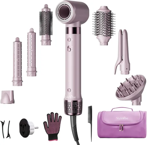 Vista 10 de Mythsight Dual Voltage StyleVibe 8-en-1 Secadora de pelo y cepillo secador de pelo con estuche de viaje - Rulos de envoltura automática (L/R)