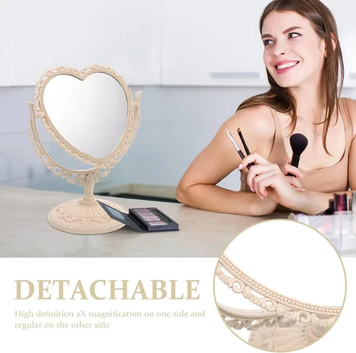 Vista 3 de Lurrose - Espejo de tocador con forma de corazón, espejo de maquillaje de doble cara con espejo de mesa de 360 grados con soporte para baño