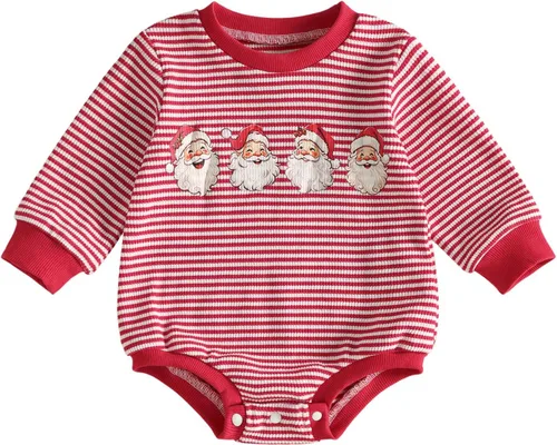Vista 16 de MERSARIPHY Ropa de Navidad para bebé, sudadera para bebé, niño, niña, mameluco de Papá Noel para bebé, trajes de otoño e invierno Waffle