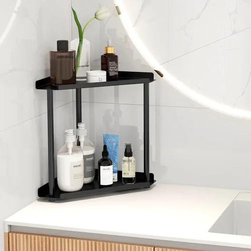 Vista 2 de FLE - Organizador esquinero para encimera de baño, color negro 2 Tier Corner Shelf, Tabletop Mount,Waterproof solid shelf fits bathroom toiletries