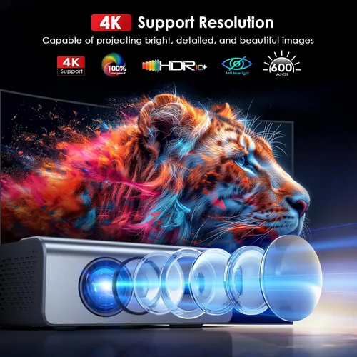 Vista 5 de [Enfoque eléctrico] Proyector con Wifi y Bluetooth, proyector Keystone automático de 22000L para exteriores compatible con 4K, proyector de película