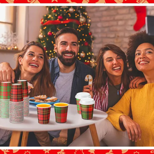 Vista 7 de Hushee 100 Piezas Vasos de Papel a Cuadros Navideños de 8 onzas, Vasos de Café Desechables con Tapas, Vasos Navideños, Suministros de Cafetería