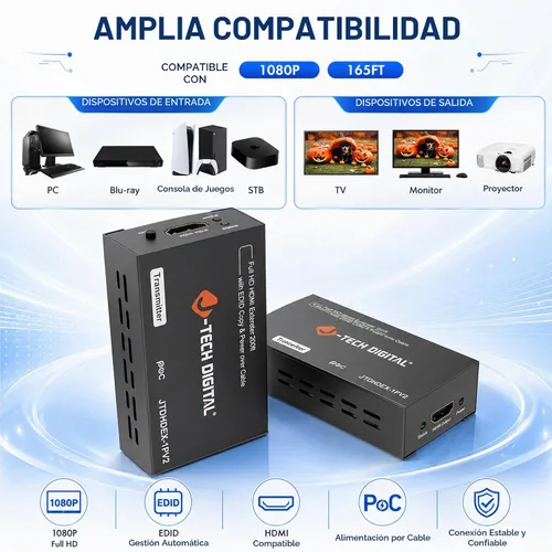 Vista 2 de J-Tech Digital Extensor HDMI sobre CAT5e/6/7 con PoC 1080P a 60Hz hasta 165 pies, HDMI Balun sobre Ethernet único compatible con EDID Copy