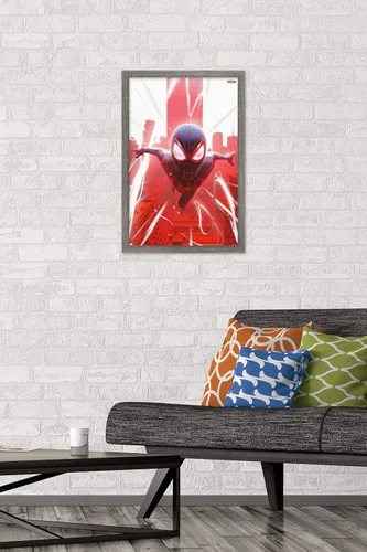 Vista 2 de Marvel's Spider-Man: Miles Morales - Póster de Falling Wall, 22.4 pulgadas de largo x 14.7 pulgadas de ancho, versión enmarcada de madera de granero