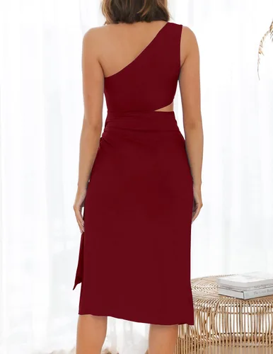 Vista 7 de ZESICA Vestido de verano sexy de un hombro para mujer, sin mangas, con lazo en la cintura, con abertura, para cóctel, fiesta