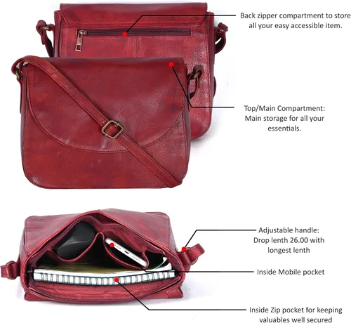 Vista 4 de Bolso bandolera de cuero genuino para mujer con correa ajustable, bolsillo para móvil y cremallera exterior e