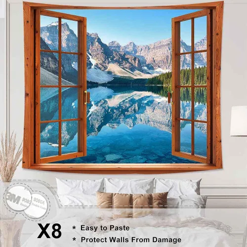 Vista 2 de Aidatain Tapiz de ventana de montaña, lago, bosque, escena, paisaje natural, para colgar en la pared, tapices grandes de franela de 84 x 90